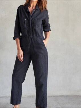 Outerknown BlackJumpsuit Zipper closure. Linen and cotton blend, faded black.
